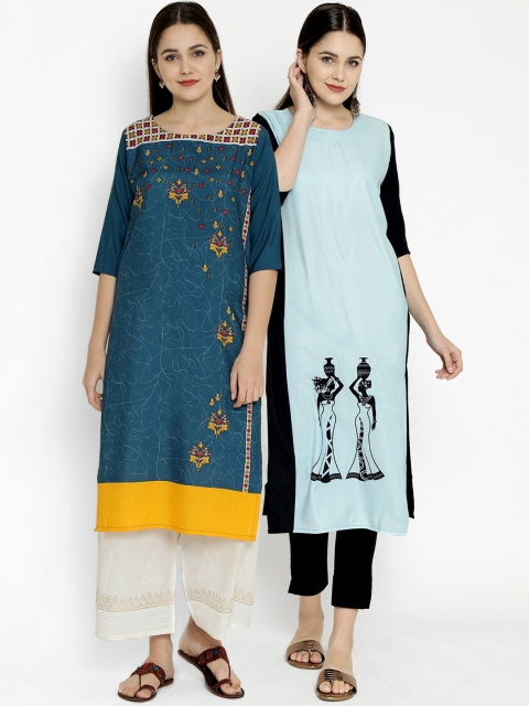 

7Threads Pack of 2 Multicoloured Ethnic Motifs Crepe Kurta, Multi