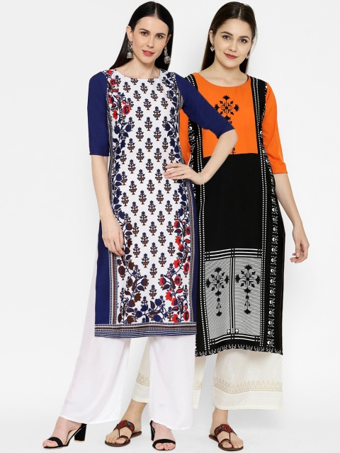 

7Threads Multicoloured Ethnic Motifs Printed Crepe Kurta (Pack of 2), Multi