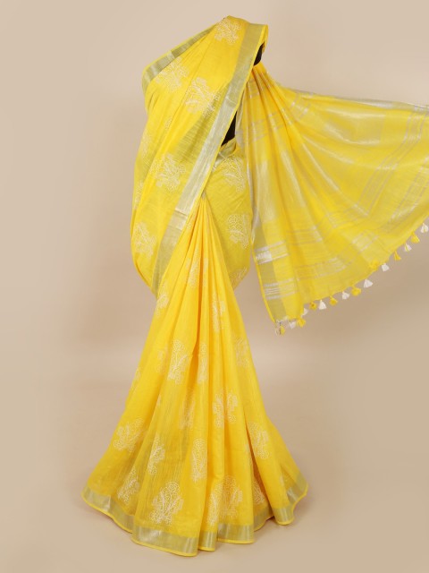 

Pothys Yellow & Silver-Toned Linen Blend Printed Saree With Tasselled Pallu