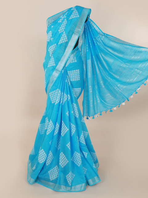 

Pothys Blue Printed Linen Blend Saree