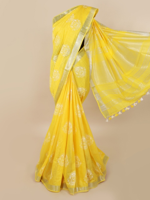 

Pothys Yellow Printed Linen Blend Saree