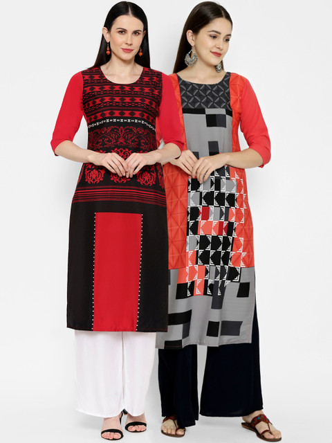 

7Threads Women Multicoloured Ethnic Motifs Printed Crepe Kurta Pack of 2, Multi