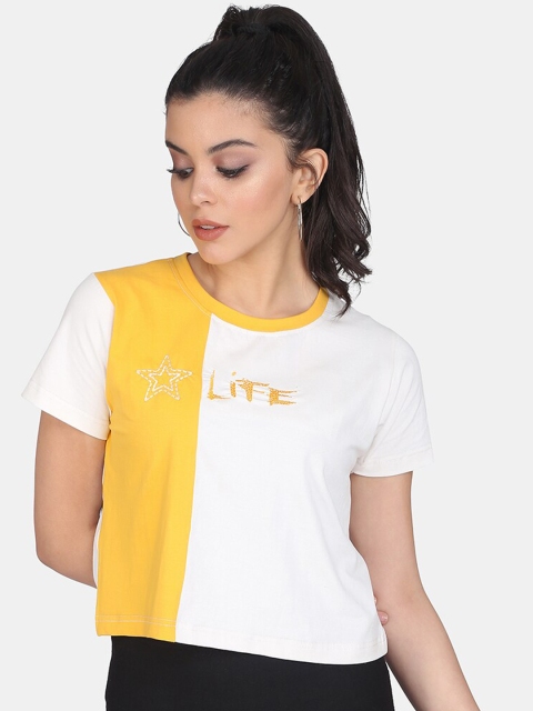 

Clothzy Women White & Yellow Colorblocked Tshirt
