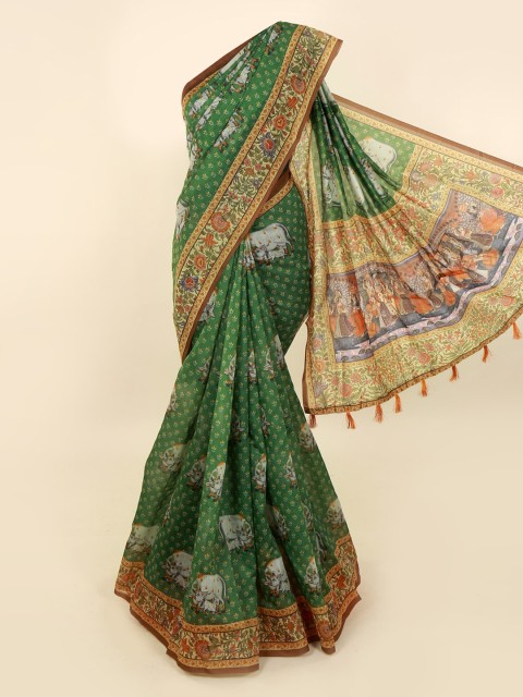 

Pothys Green Cotton Blend Printed Chanderi Saree
