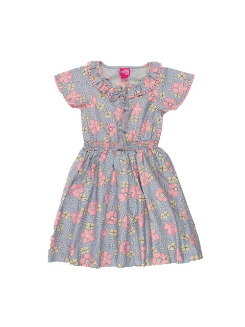 

UNDER FOURTEEN ONLY Girls Grey & Pink Floral Printed Fit and Flare Dress