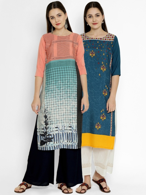 

7Threads Women Pack Of 2 Printed Crepe Kurta, Green