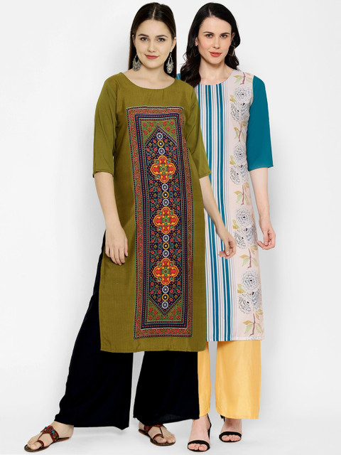 

7Threads Multicoloured Printed Sequins Crepe Kurta Combo, Multi