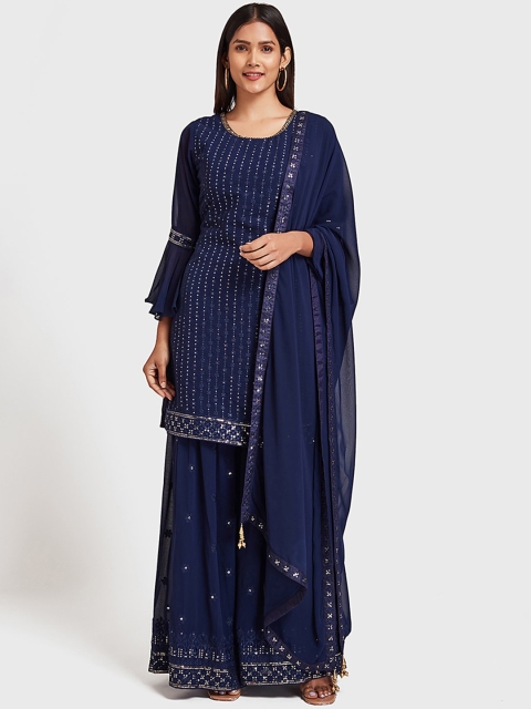 

Neerus Women Navy Blue Striped Kurta with Palazzos & Dupatta