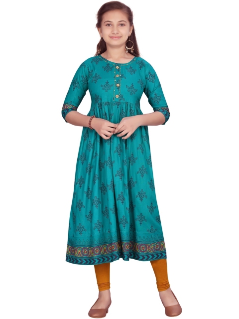 

Aarika Girls Turquoise Blue Ethnic Motifs Printed Anarkali Kurta