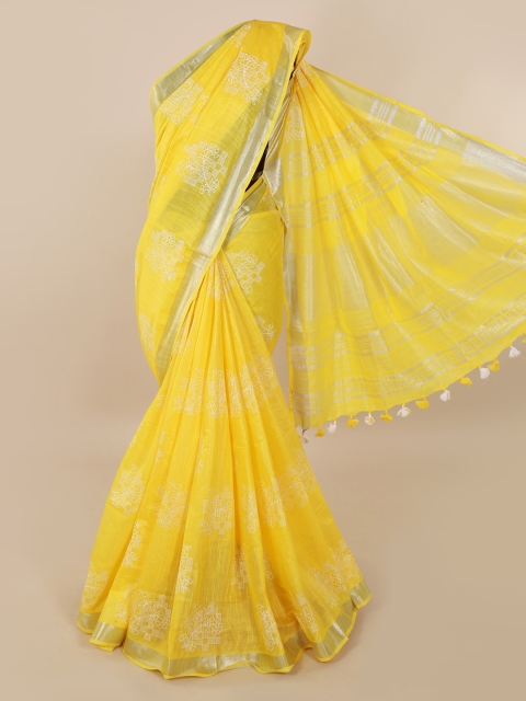 

Pothys Yellow & White Linen Blend Printed Saree