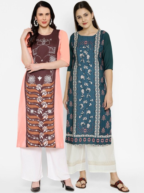 

7Threads Women Multicoloured Ethnic Motifs Printed Crepe Kurta Pack of 2, Multi