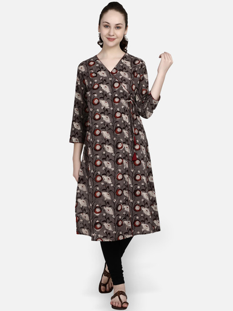 

Molcha Grey Floral Printed Chikankari V-Neck Kurta
