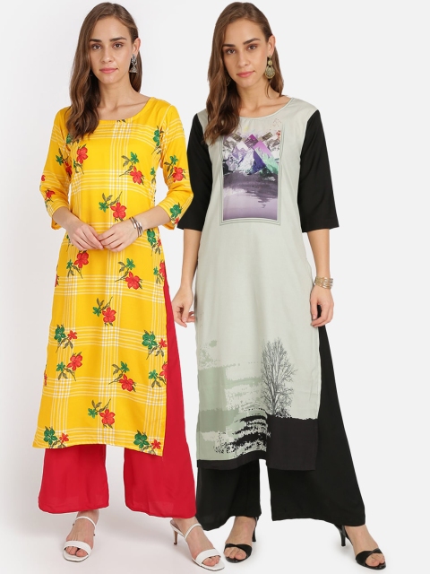

Florence Pack of 2 Multicoloured Floral Printed Crepe Kurta, Multi