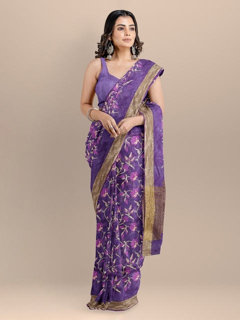 

BharatSthali Purple Silk Cotton Embroidered Maheshwari Saree