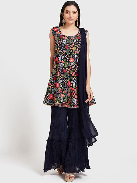 

Neerus Women Navy Blue & Red Embroidered Kurti with Sharara & Dupatta