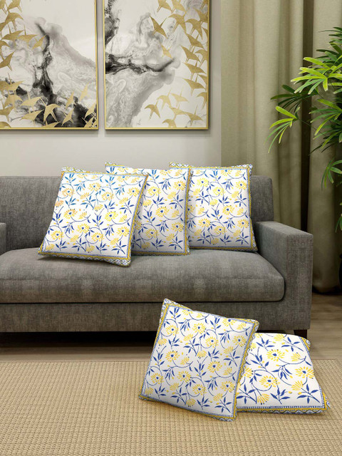 

Gulaab Jaipur Set Of 5 White & Blue Hand Block Floral Printed Square Cushion Covers