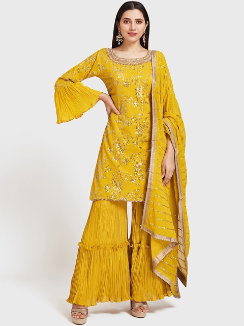 

Neerus Women Mustard Yellow Self Design Kurta with Sharara & Dupatta