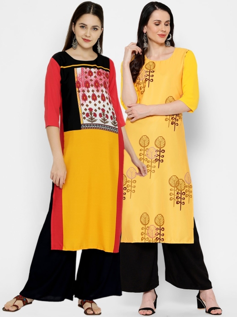 

7Threads Women Yellow & Coral Floral Printed Crepe Kurta Set of 2
