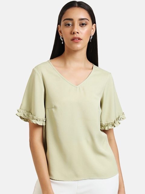 

Kazo Green Flared Sleeves Pure Cotton Styled Back Top