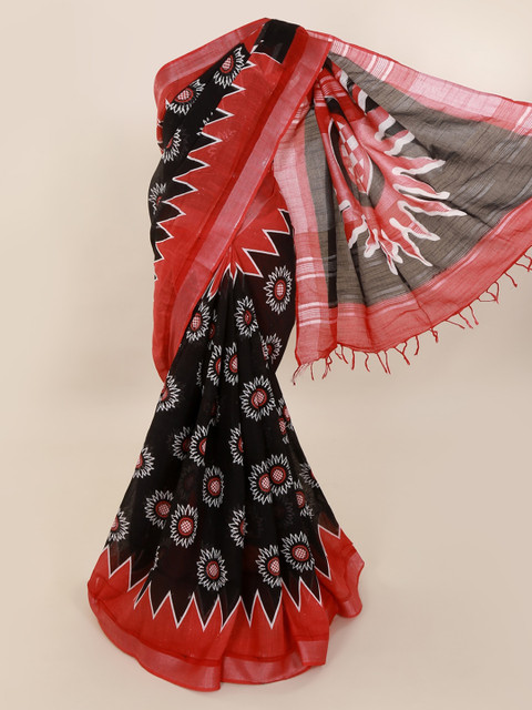 

Pothys Black & Red Linen Blend Printed Saree