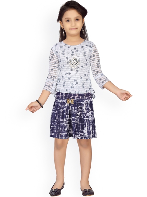 

Aarika Girls White & Navy Blue Printed Top with Skirt