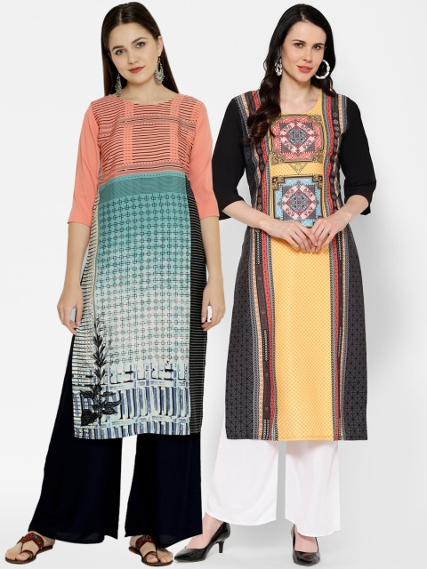 

7Threads Women Pack Of 2 Printed Crepe Kurta, Green