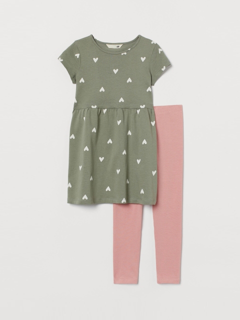 H&M Girls Green and Pink Cotton Printed Top and Trousers