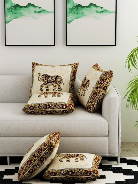 

Salona Bichona White & Red Set of 5 Ethnic Motifs Square Cushion Covers