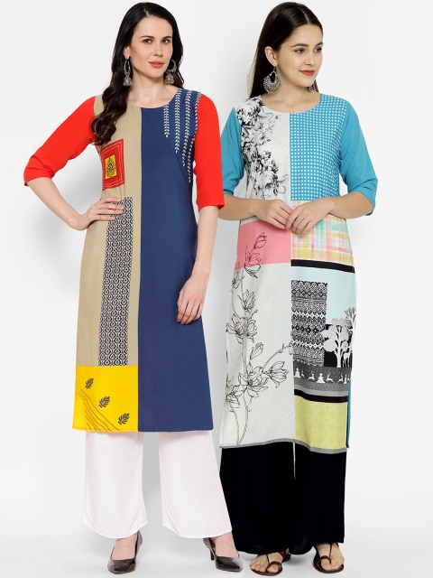 

7Threads Pack of 2 Multicoloured Colourblocked Sequins Crepe Kurta, Multi