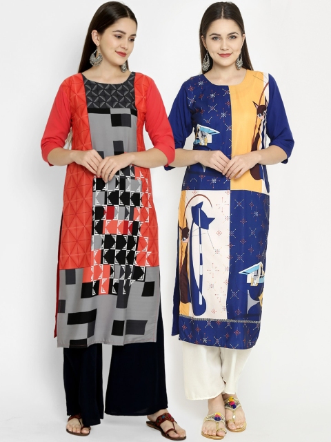 

7Threads Pack Of 2 Printed Crepe Round Neck Regular Sleeves Kurtas, Navy blue