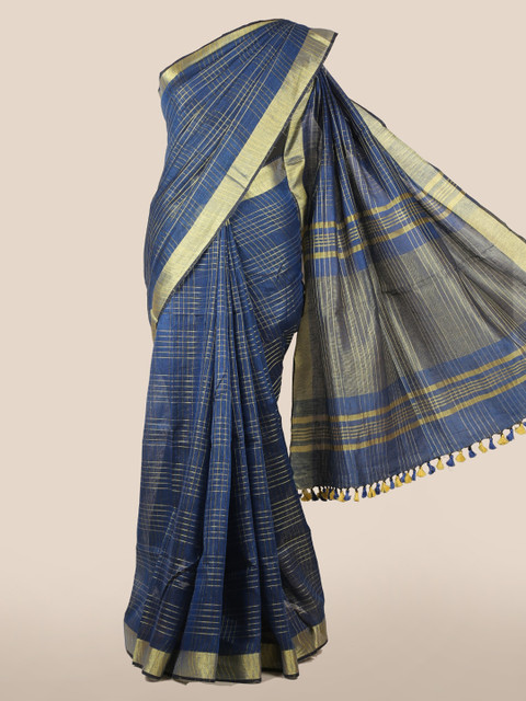 

Pothys Blue & Gold-Toned Linen Blend Checked Saree