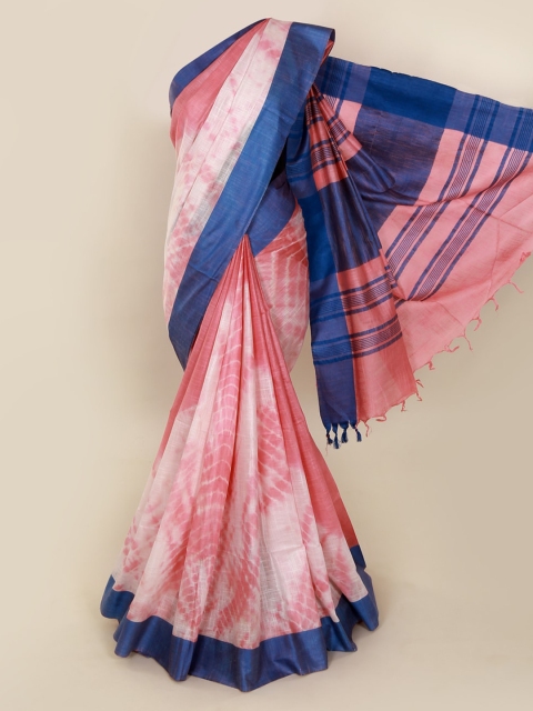 Pothys Pink & Blue Linen Blend Dyed Saree