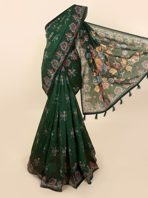 

Pothys Green Printed Cotton Blend Saree With Tasseled Pallu