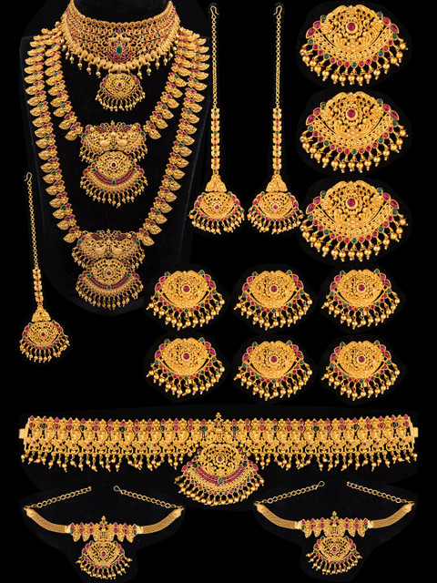 

Alankruthi Gold-Plated Red & Green Stone-Studded Beaded Temple Bridal Jewellery Set
