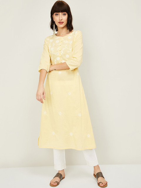 

Melange by Lifestyle Women Yellow Floral Embroidered Thread Work Kurta