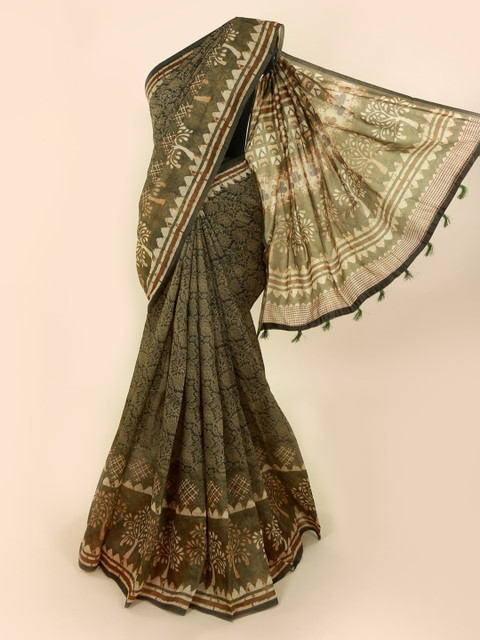 

Pothys Green & Beige Cotton Blend Printed Saree With Tasseled Pallu