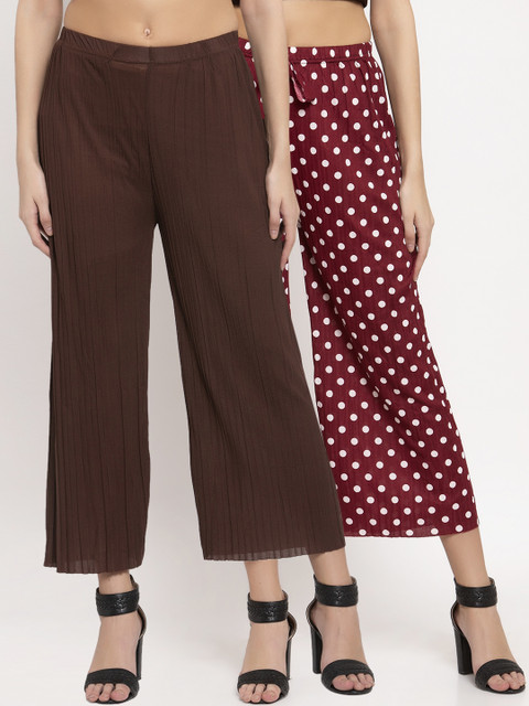 

KLOTTHE Women Pack Of 2 Printed Wide Leg Palazzos, Maroon
