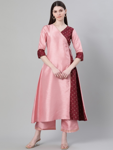 

ZIYAA Women Pink & Maroon Colourblocked Kurta with Trousers
