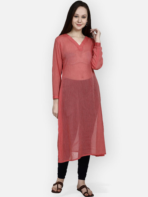 

Molcha Women Coral Solid V-Neck Dobby Kurta