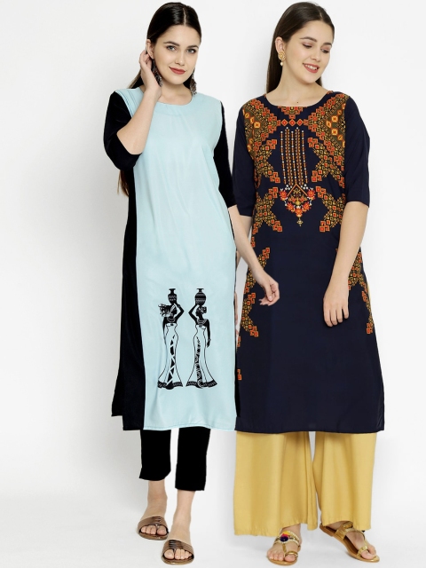

7Threads Women Navy Blue Ethnic Motifs Printed Crepe Kurta Set of 2