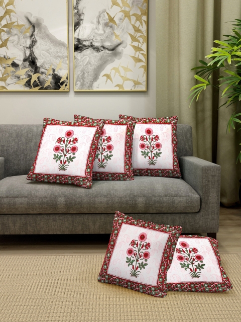 

Gulaab Jaipur White & Pink Set of 5 Hand-Block Printed Floral Square Cushion Covers