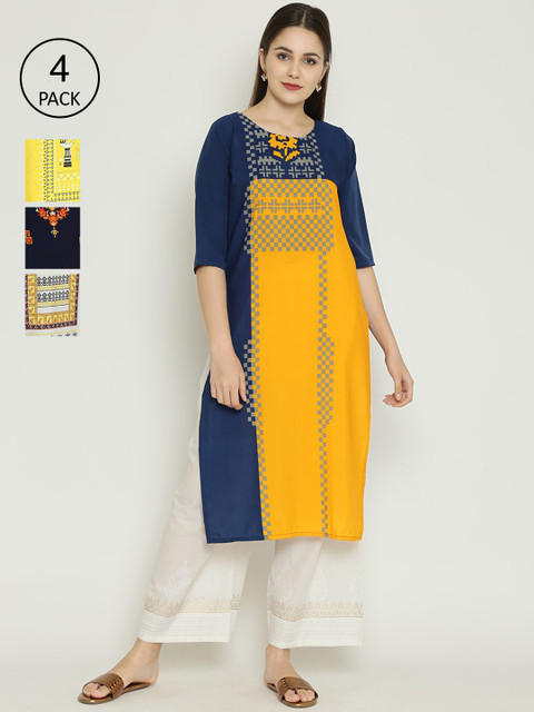 

7Threads Women Pack of 4 Crepe Straight Kurtas, Yellow