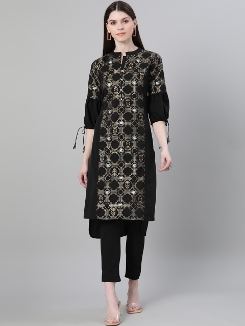 

ZIYAA Black Floral Foil Printed Crepe Kurta