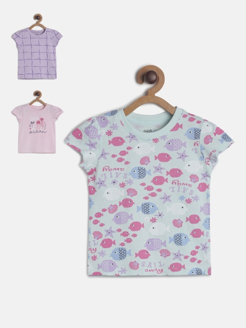 

MINI KLUB Girls Pack Of 3 Multicoloured Printed Pure Cotton Top, Multi