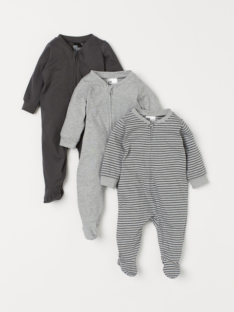 

H&M Kids Grey Pack of 3 Zip-Up Printed Sleepsuit