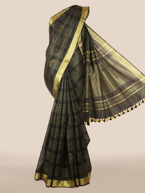 

Pothys Black & Gold-Toned Linen Blend Checked Saree
