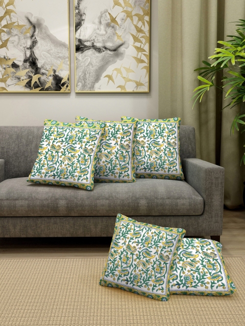 

Gulaab Jaipur White & Green Set of 5 Hand Block Ethnic Motifs Square Cushion Covers