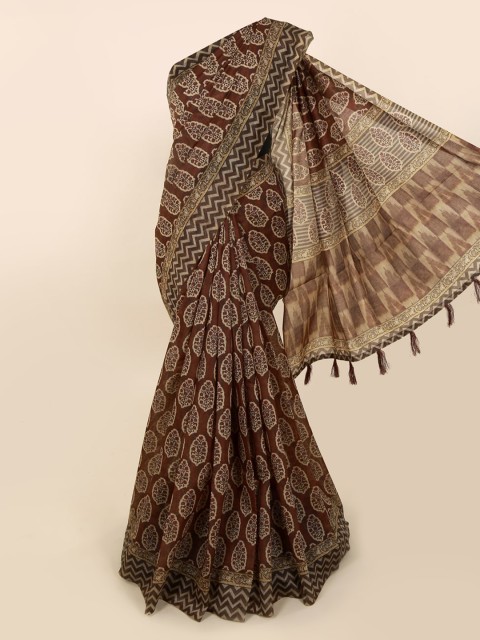 

Pothys Brown Printed Cotton Blend Chanderi Saree