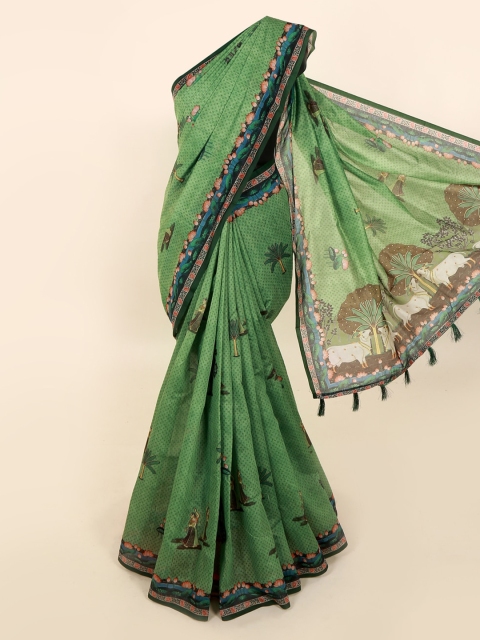 

Pothys Green Printed Cotton Blend Saree With Tasseled Pallu