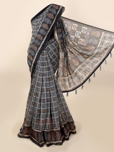 

Pothys Grey Cotton Blend Printed Chanderi Saree